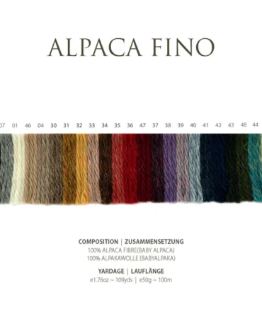 Alpaca Fino Pascuali wzornik kolorów. Karta kolorystyczna z całą dostępną paletą barw włóczki Alpaca Fino marki Pascuali.
