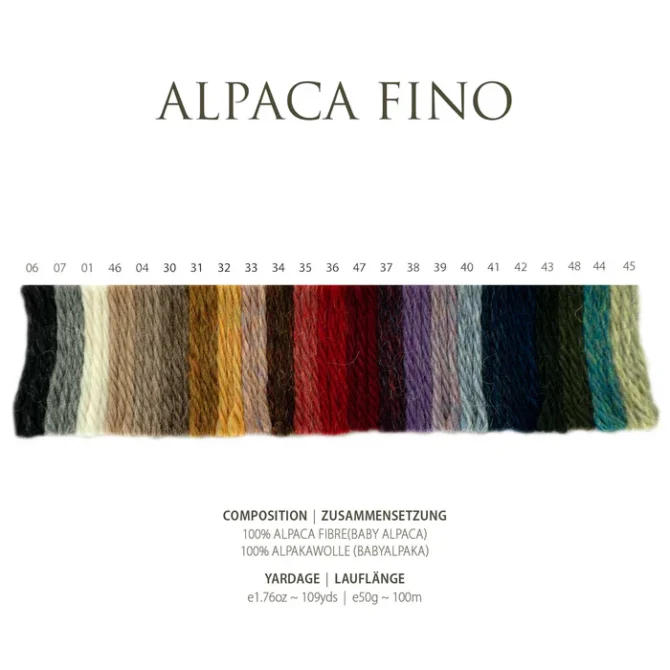 Alpaca Fino Pascuali wzornik kolorów. Karta kolorystyczna z całą dostępną paletą barw włóczki Alpaca Fino marki Pascuali.